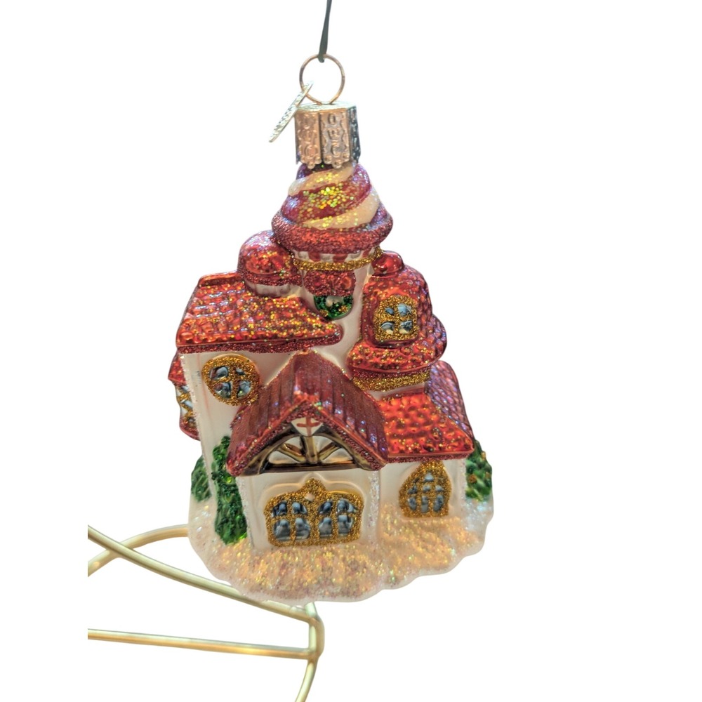 Old World Christmas Candy Cane Cottage Glass Ornament Glitter Holiday Victorian